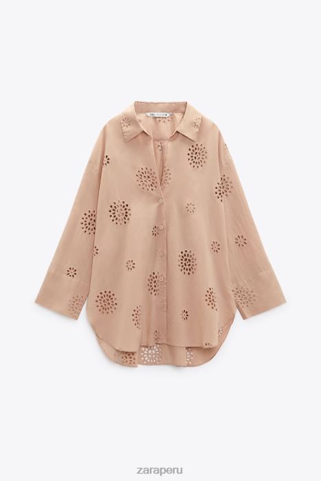 Zara mujer camisa con bordado calado BDP8J379 ropa beige/rosa