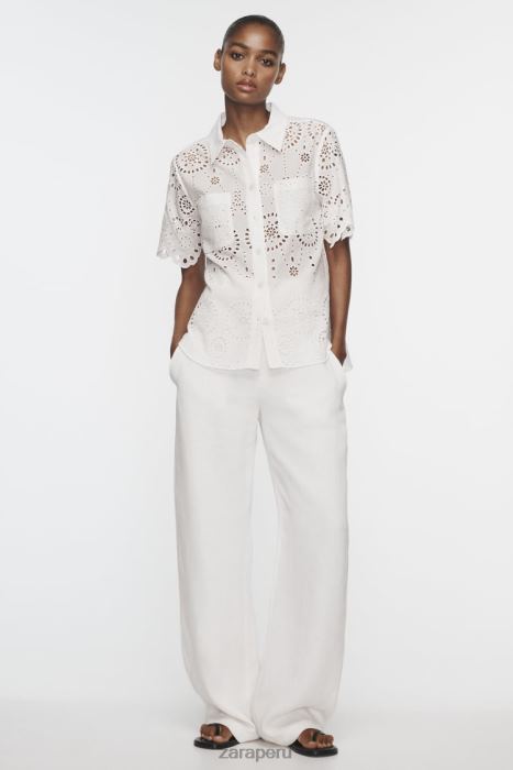 Zara mujer camisa con bordado calado BDP8J380 ropa ostra blanca