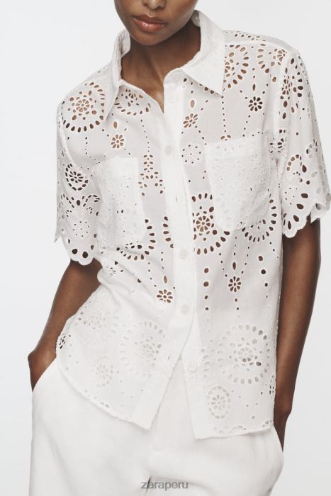 Zara mujer camisa con bordado calado BDP8J380 ropa ostra blanca