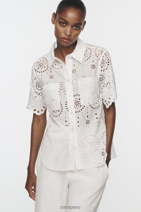 Zara mujer camisa con bordado calado BDP8J380 ropa ostra blanca