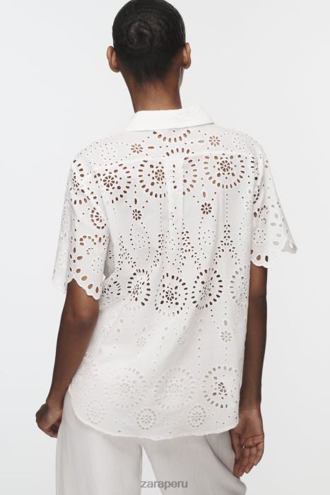Zara mujer camisa con bordado calado BDP8J380 ropa ostra blanca