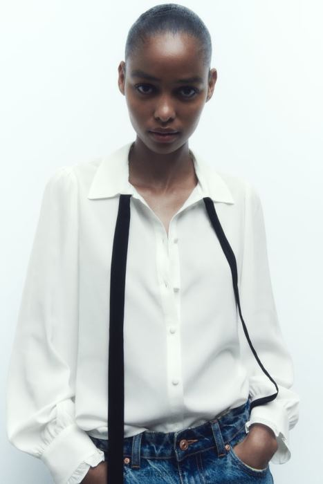 Zara mujer camisa con corbata en contraste BDP8J316 ropa blanco