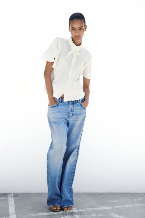 Zara mujer camisa con cuello con lazo y botones de perlas BDP8J381 ropa crudo