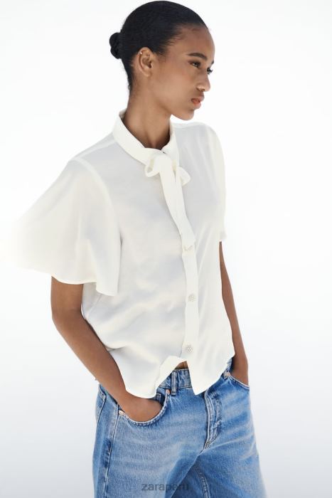 Zara mujer camisa con cuello con lazo y botones de perlas BDP8J381 ropa crudo
