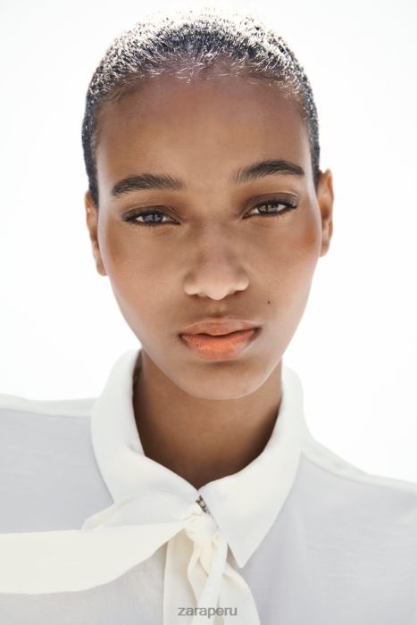 Zara mujer camisa con cuello con lazo y botones de perlas BDP8J381 ropa crudo