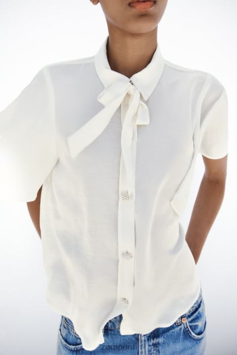 Zara mujer camisa con cuello con lazo y botones de perlas BDP8J381 ropa crudo