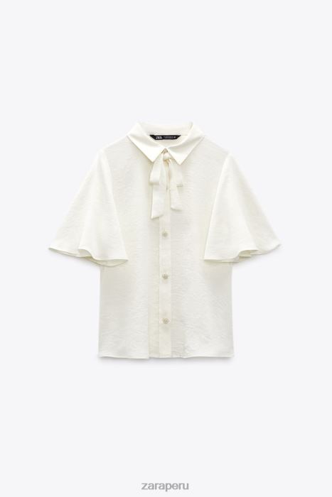 Zara mujer camisa con cuello con lazo y botones de perlas BDP8J381 ropa crudo