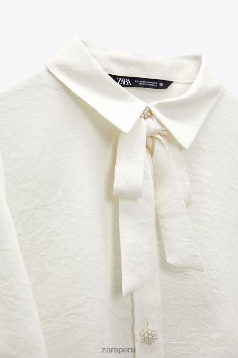 Zara mujer camisa con cuello con lazo y botones de perlas BDP8J381 ropa crudo