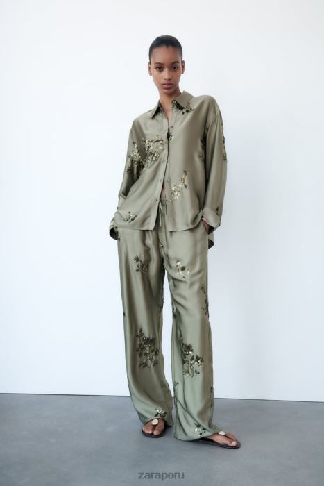 Zara mujer camisa con efecto satinado de lentejuelas BDP8J317 ropa verde salvia