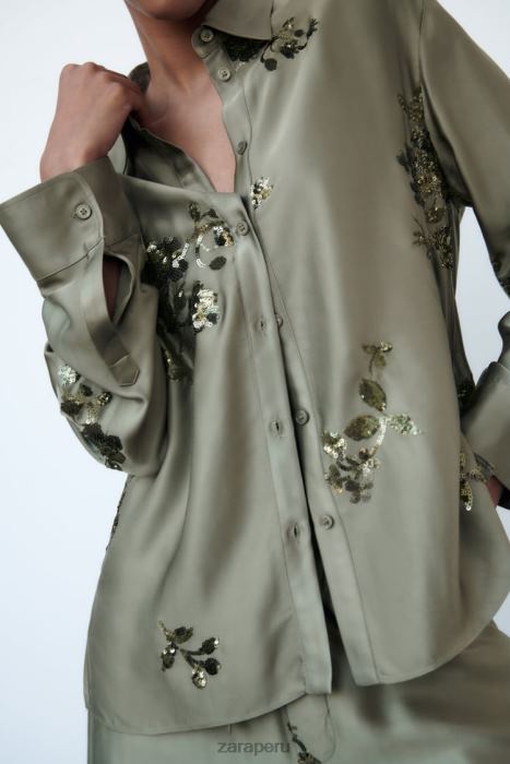 Zara mujer camisa con efecto satinado de lentejuelas BDP8J317 ropa verde salvia