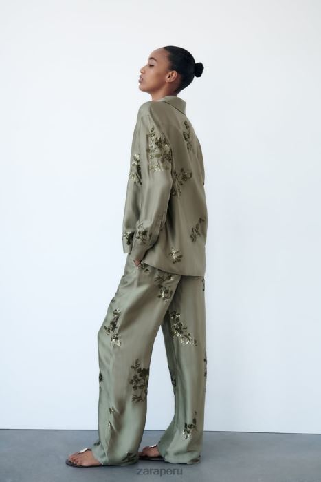 Zara mujer camisa con efecto satinado de lentejuelas BDP8J317 ropa verde salvia