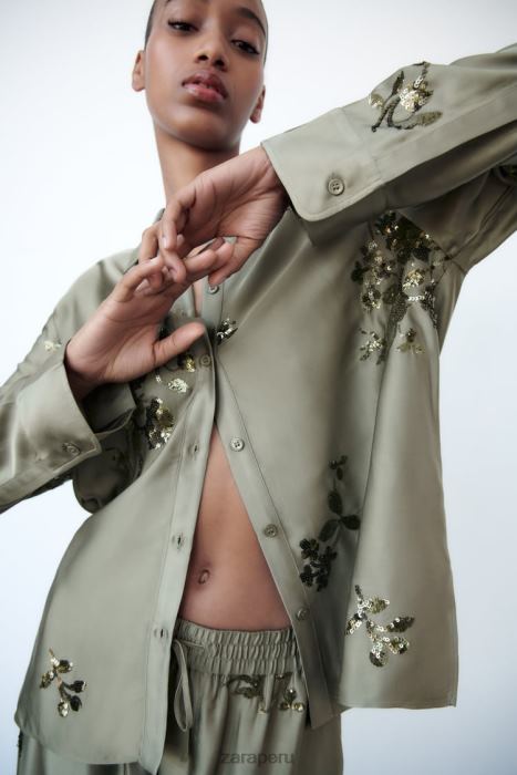 Zara mujer camisa con efecto satinado de lentejuelas BDP8J317 ropa verde salvia