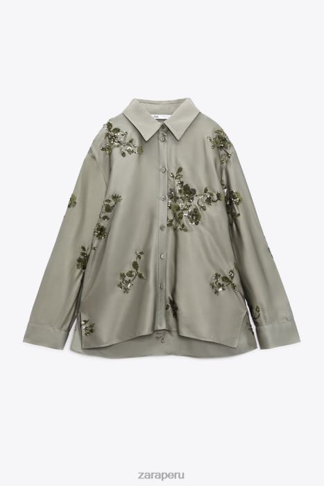 Zara mujer camisa con efecto satinado de lentejuelas BDP8J317 ropa verde salvia
