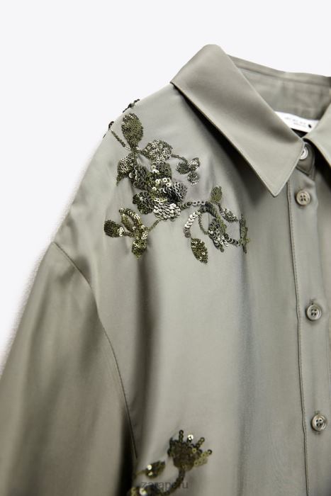 Zara mujer camisa con efecto satinado de lentejuelas BDP8J317 ropa verde salvia