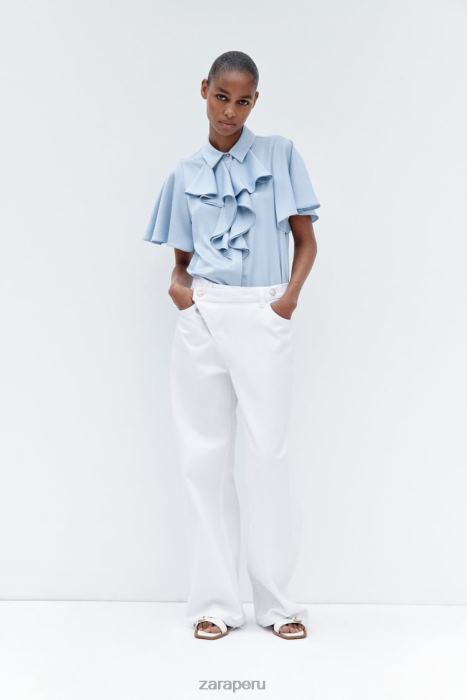 Zara mujer camisa con efecto satinado y volantes BDP8J358 ropa azul claro