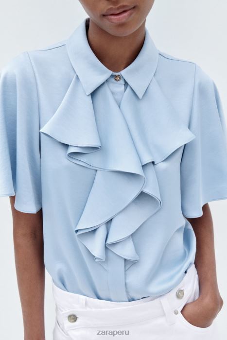 Zara mujer camisa con efecto satinado y volantes BDP8J358 ropa azul claro