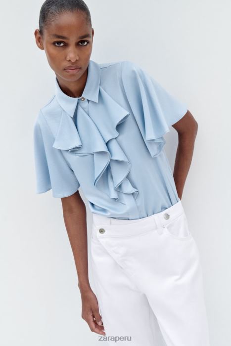 Zara mujer camisa con efecto satinado y volantes BDP8J358 ropa azul claro