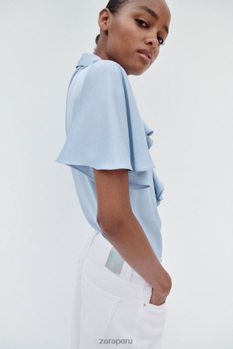 Zara mujer camisa con efecto satinado y volantes BDP8J358 ropa azul claro