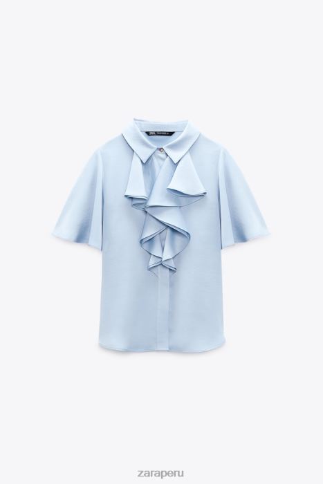 Zara mujer camisa con efecto satinado y volantes BDP8J358 ropa azul claro
