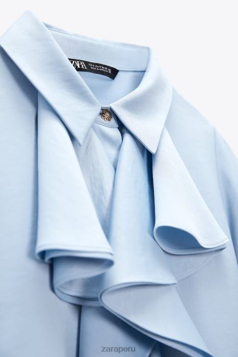 Zara mujer camisa con efecto satinado y volantes BDP8J358 ropa azul claro