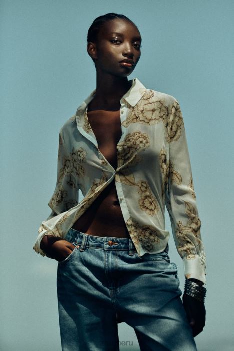 Zara mujer camisa con estampado floral BDP8J419 ropa arena/azul