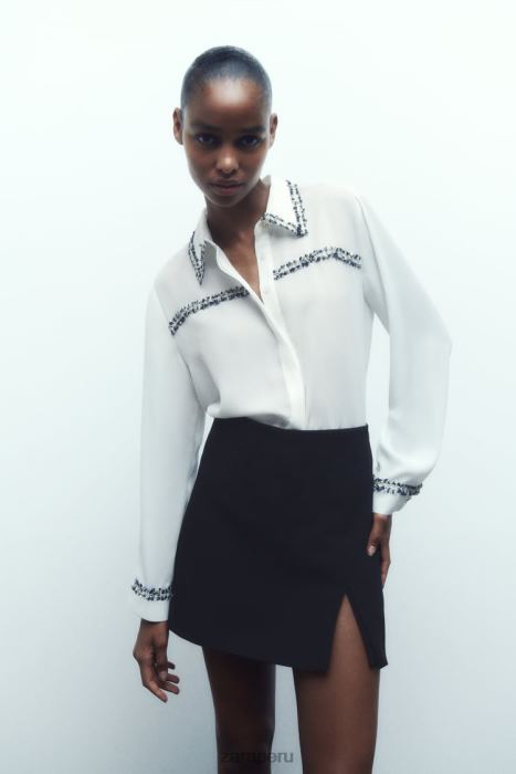 Zara mujer camisa con textura combinada BDP8J309 ropa ostra blanca