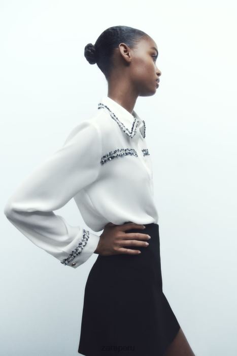 Zara mujer camisa con textura combinada BDP8J309 ropa ostra blanca