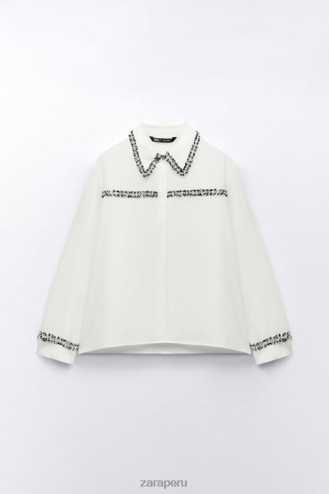 Zara mujer camisa con textura combinada BDP8J309 ropa ostra blanca