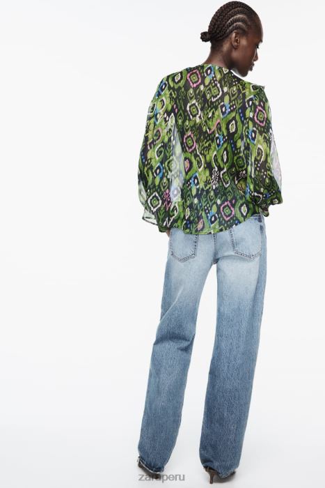 Zara mujer camisa con volantes y aplicación de encaje estampada BDP8J427 ropa multicolor