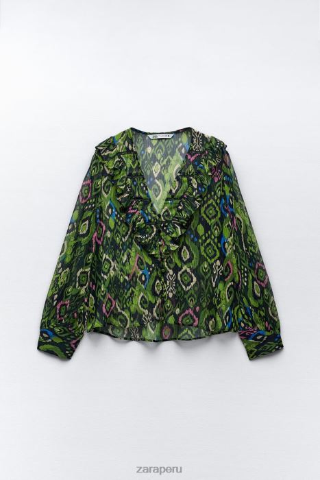 Zara mujer camisa con volantes y aplicación de encaje estampada BDP8J427 ropa multicolor