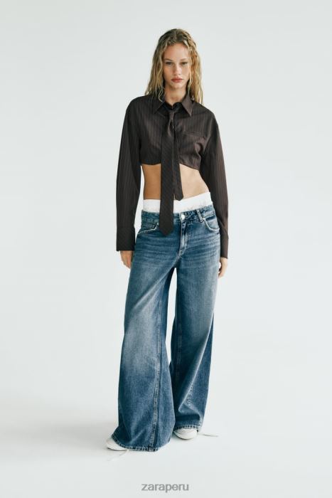 Zara mujer camisa corta a rayas con corbata BDP8J422 ropa marrón/azul