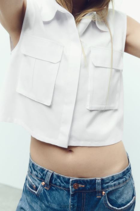 Zara mujer camisa corta con bolsillo de parche BDP8J345 ropa blanco
