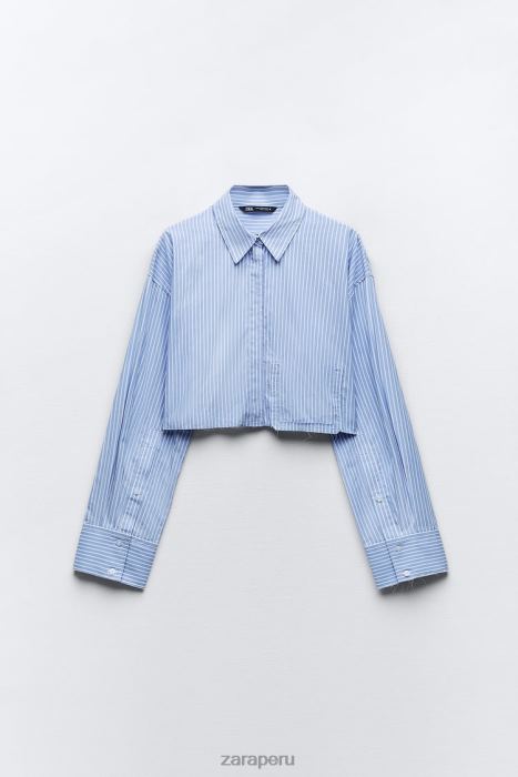 Zara mujer camisa corta de gabardina BDP8J396 ropa blanco/azul cielo
