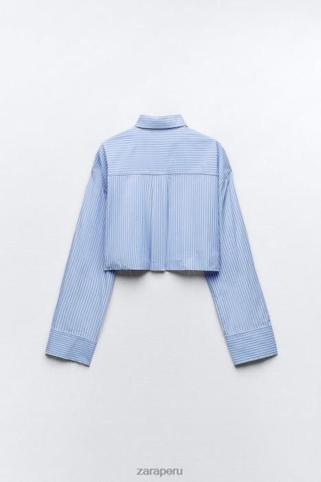 Zara mujer camisa corta de gabardina BDP8J396 ropa blanco/azul cielo
