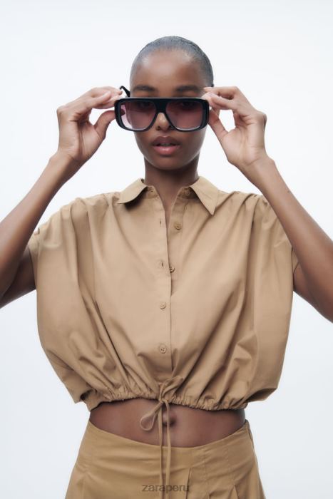 Zara mujer camisa corta de popelina BDP8J392 ropa marrón topo