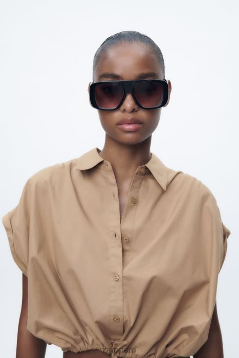 Zara mujer camisa corta de popelina BDP8J392 ropa marrón topo