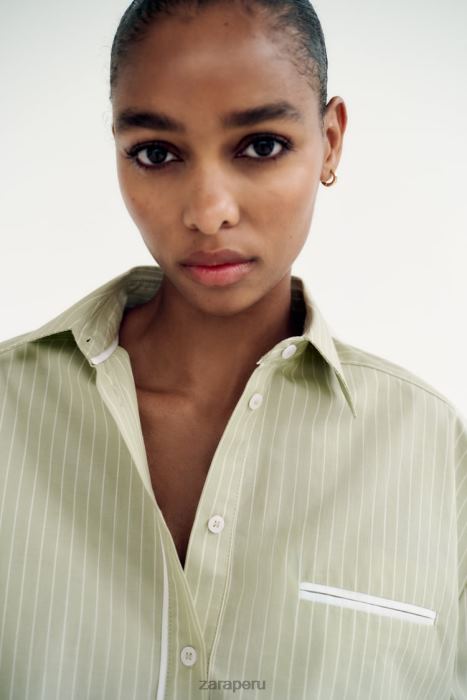 Zara mujer camisa corta de popelina a rayas BDP8J439 ropa verde claro