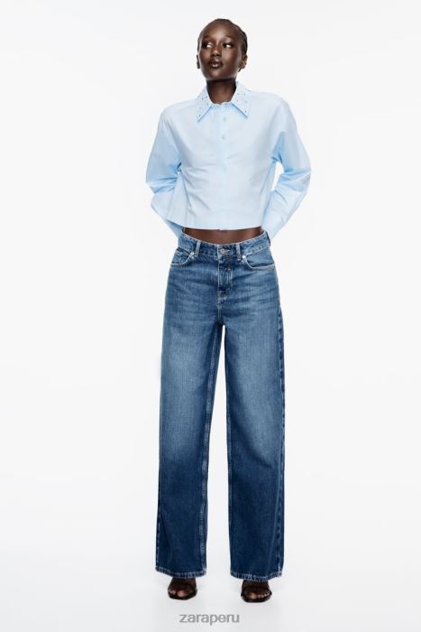 Zara mujer camisa corta de popelina con tachuelas BDP8J424 ropa cielo azul