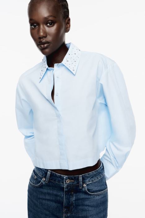 Zara mujer camisa corta de popelina con tachuelas BDP8J424 ropa cielo azul