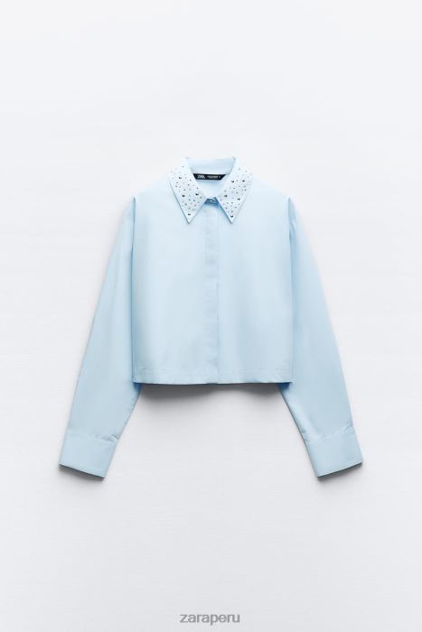 Zara mujer camisa corta de popelina con tachuelas BDP8J424 ropa cielo azul