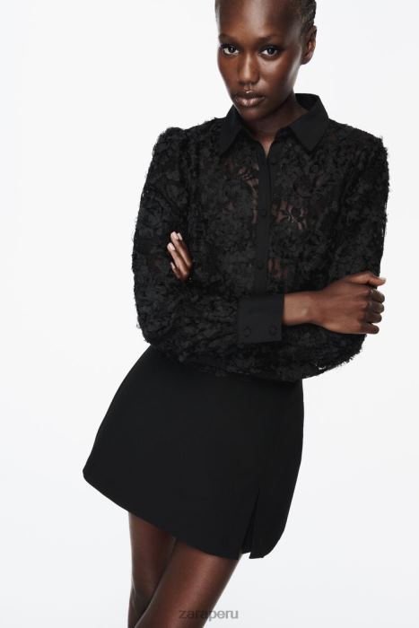 Zara mujer camisa corta texturizada floral BDP8J340 ropa negro