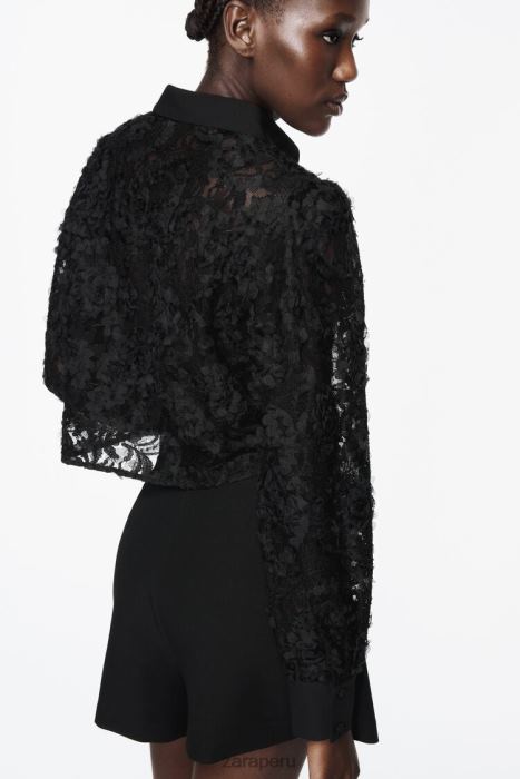 Zara mujer camisa corta texturizada floral BDP8J340 ropa negro