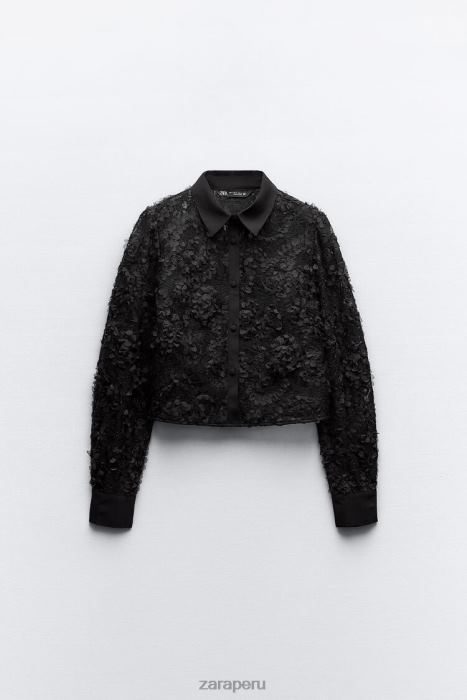 Zara mujer camisa corta texturizada floral BDP8J340 ropa negro