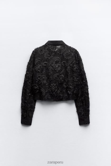 Zara mujer camisa corta texturizada floral BDP8J340 ropa negro