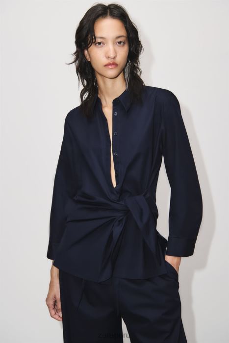Zara mujer camisa cruzada de popelina BDP8J327 ropa Azul marino