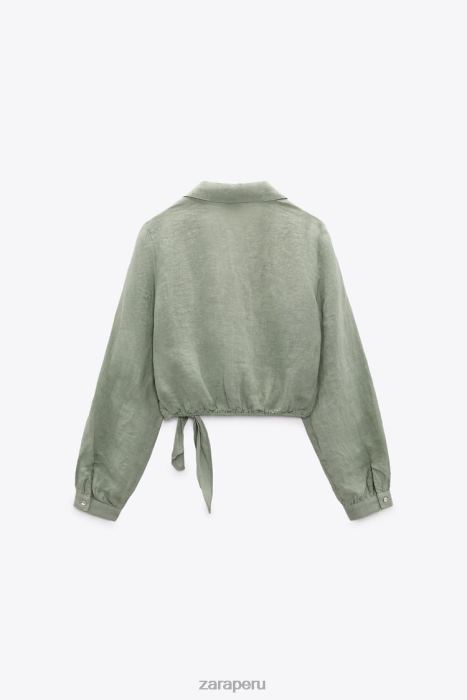 Zara mujer camisa de lino atada BDP8J387 ropa caqui claro
