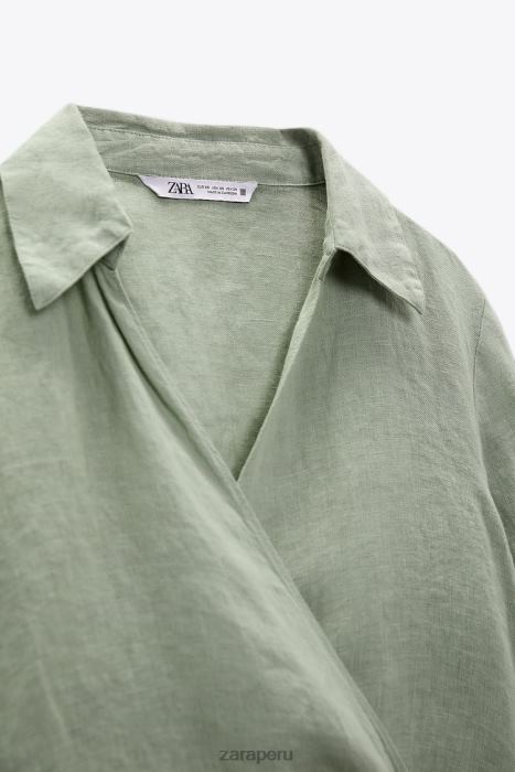 Zara mujer camisa de lino atada BDP8J387 ropa caqui claro