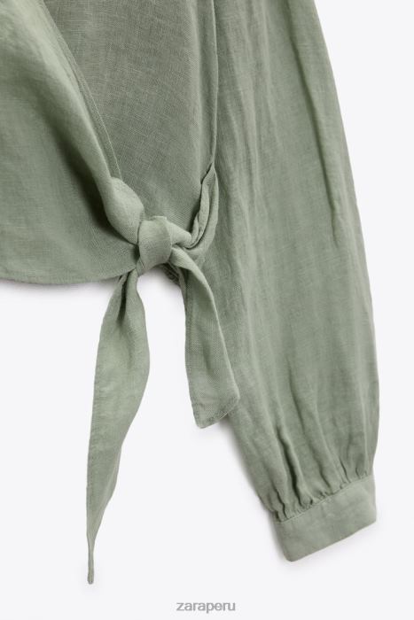 Zara mujer camisa de lino atada BDP8J387 ropa caqui claro