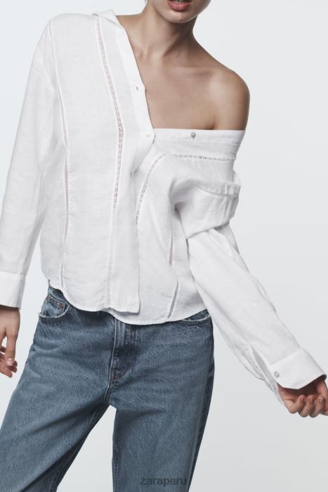 Zara mujer camisa de lino con aplicación de encaje BDP8J418 ropa blanco