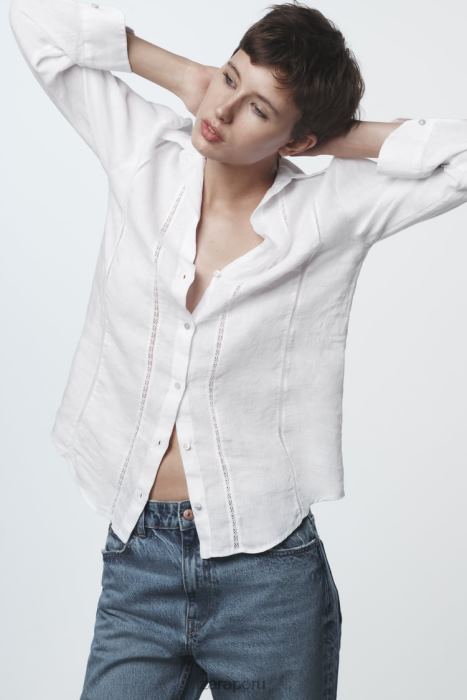 Zara mujer camisa de lino con aplicación de encaje BDP8J418 ropa blanco